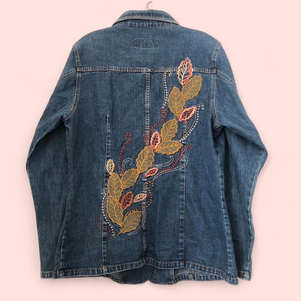 Y2K Embroidered jean denim fitted jacket floral leaf Cottagecore Western Boho - Picture 5 of 5